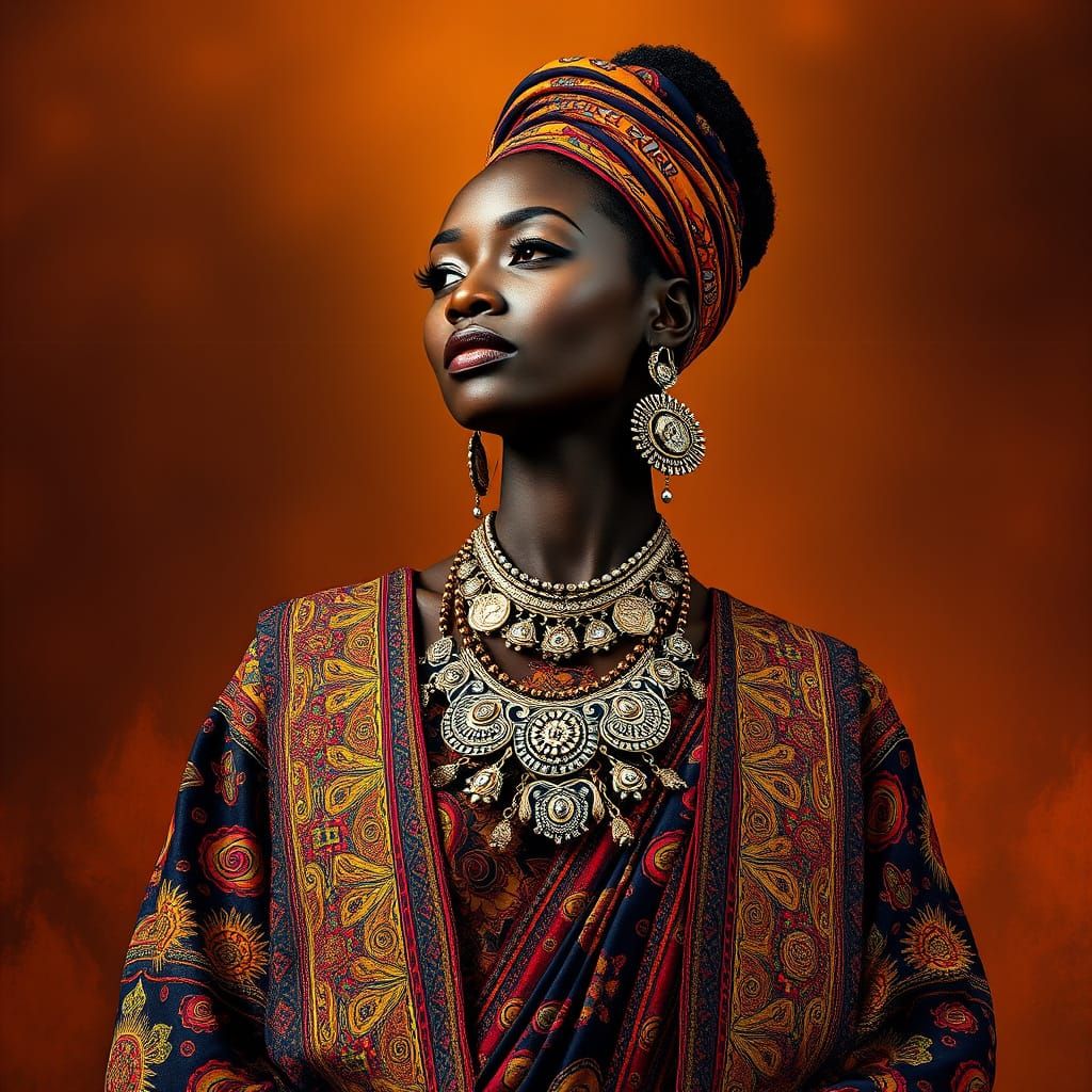 African Woman in Vibrant Textiles and Ornate Jewelry