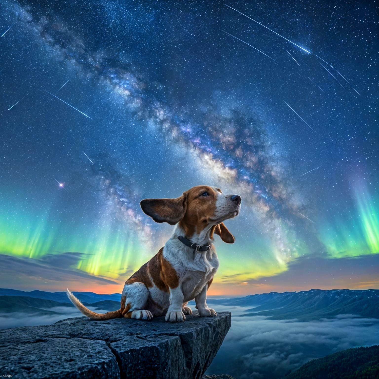 Basset Hound Silhouetted Against Galaxy Sky