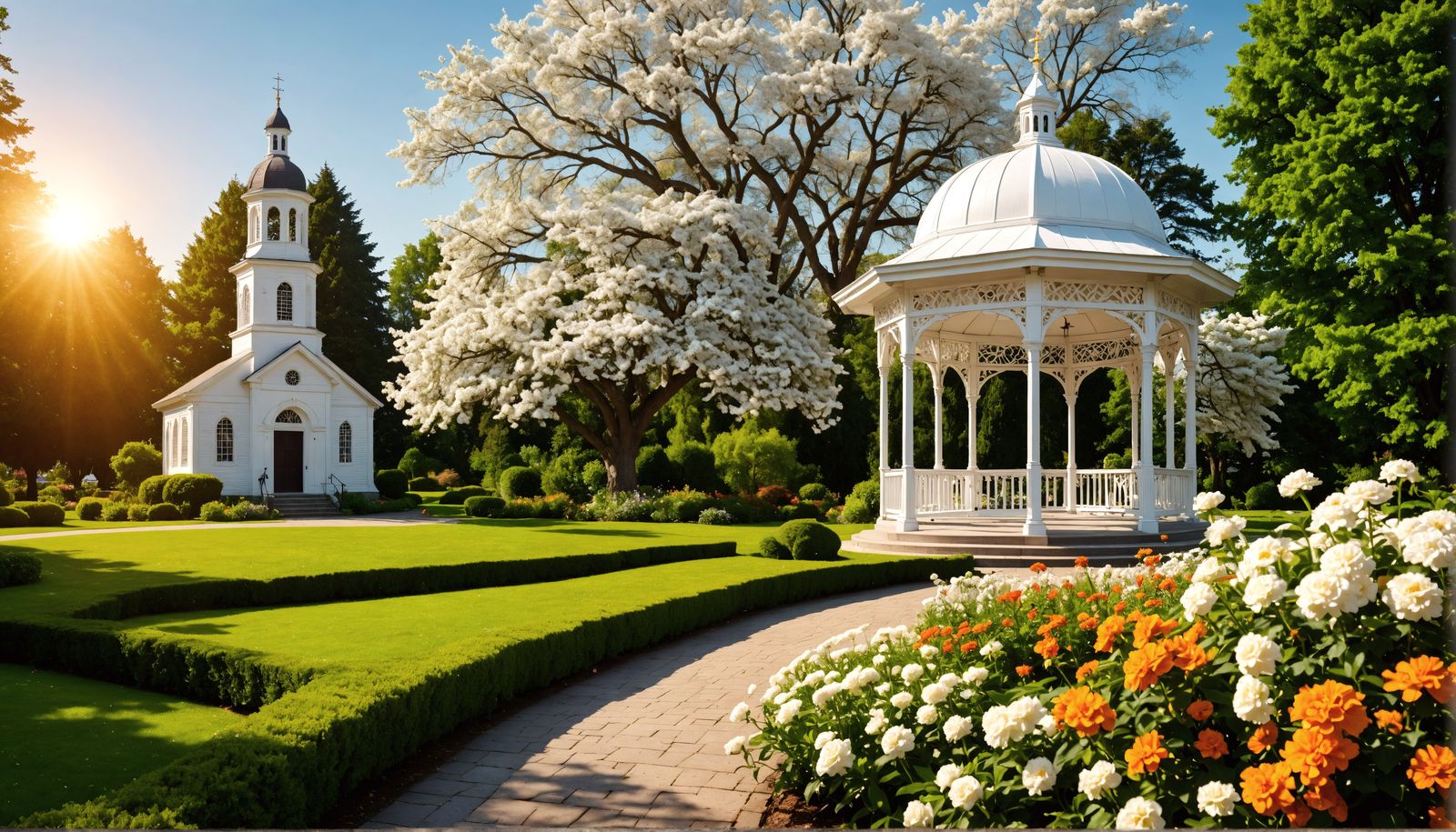 Garden Park: White Gazebo and Church Photograph