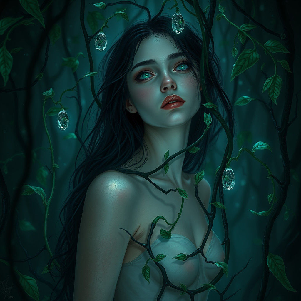 Ethereal Woman Ensnared by Deadly Plants in Gothic Forest