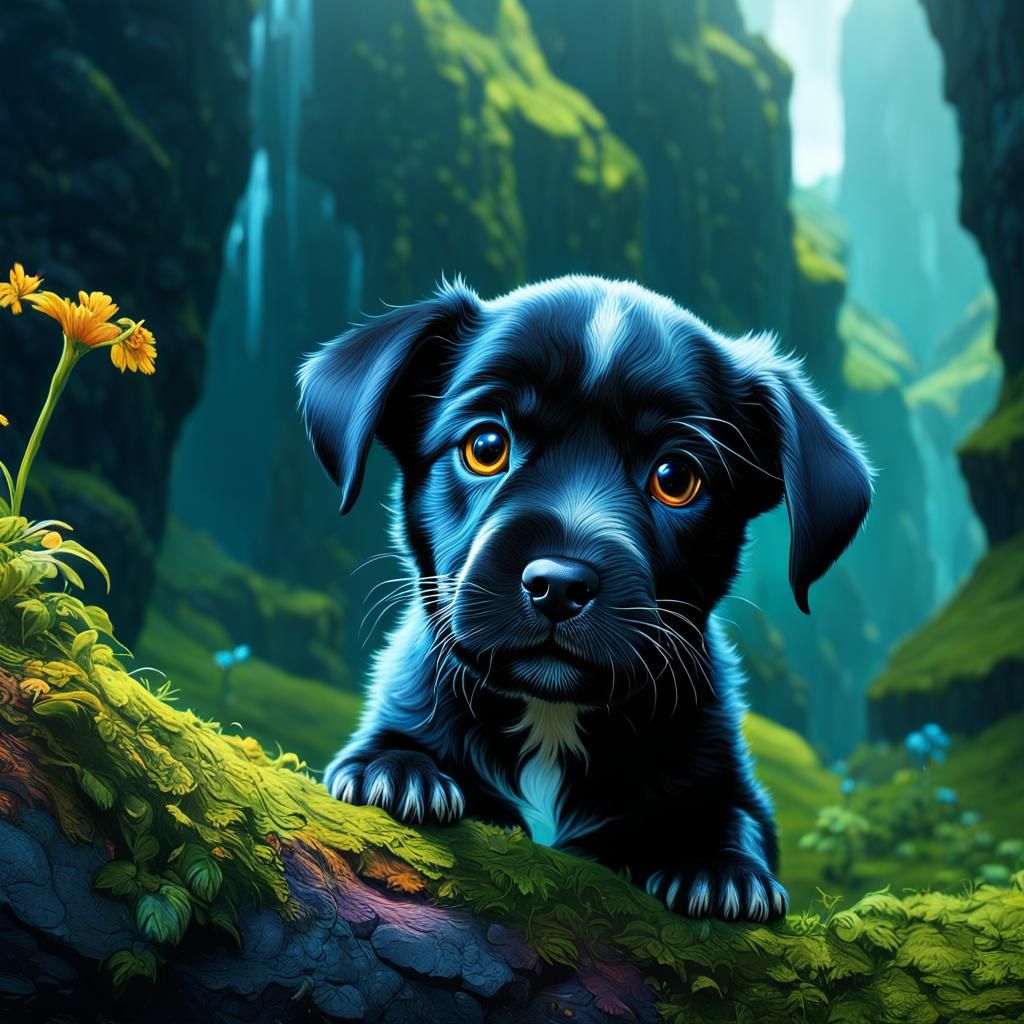 Upside-Down Puppy in Detailed Fantasy Art