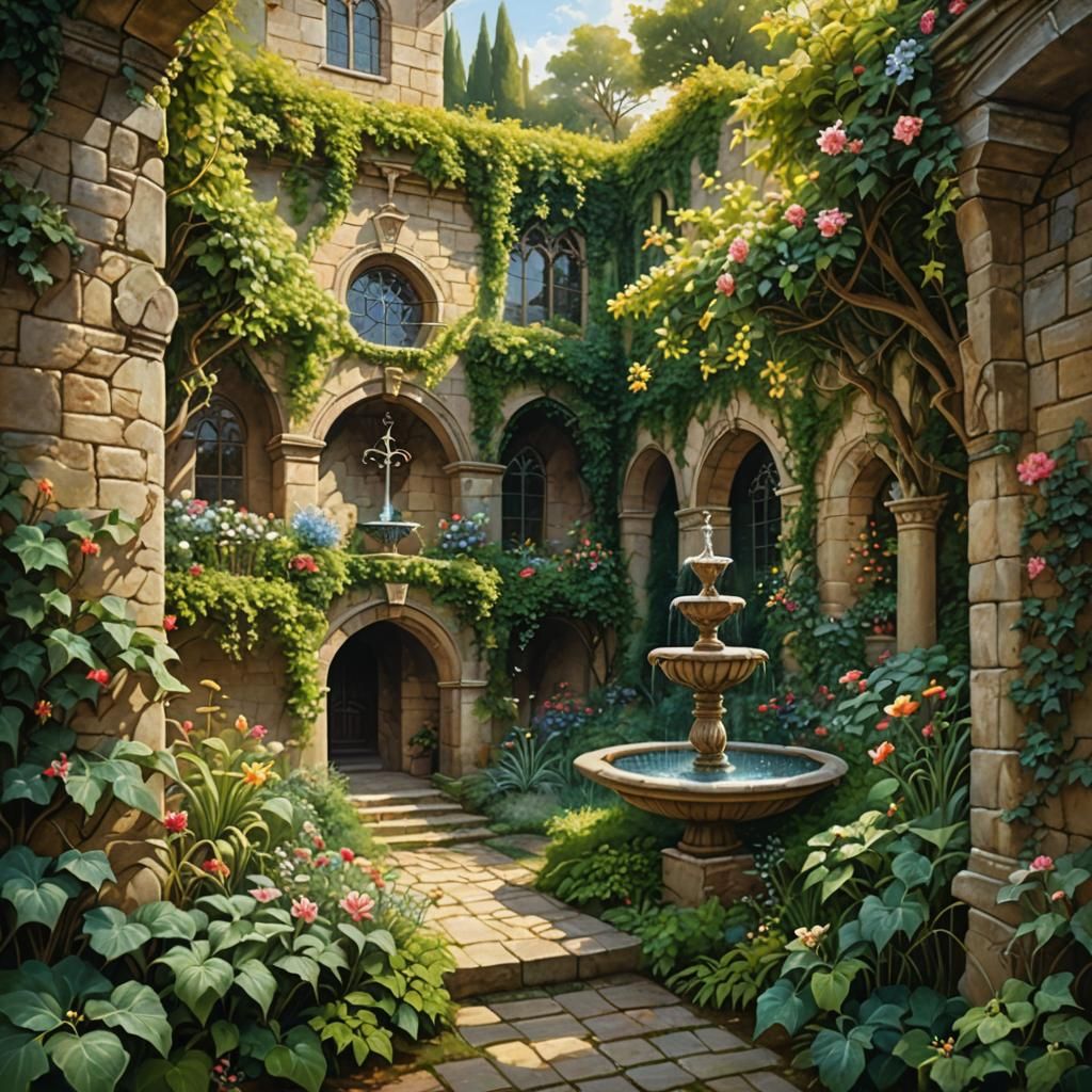 Tranquil Medieval Garden with Sparkling Fountain as Oil Pain...