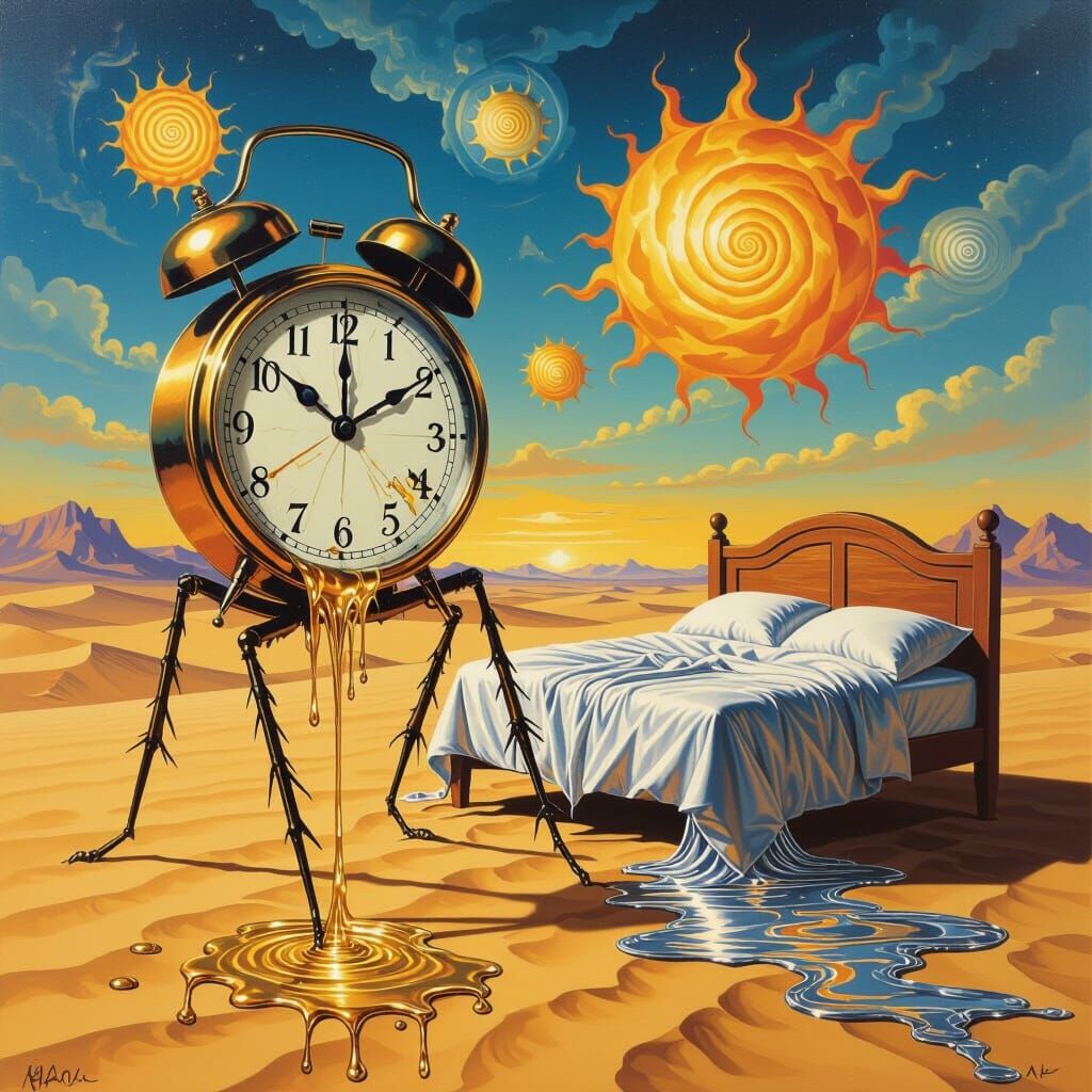Surreal Clock Walks in Desert, Impasto Oil Painting