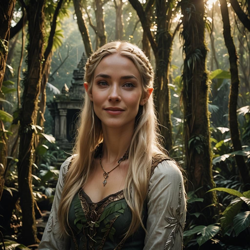 Elven Woman Smiles in Jungle Temple, Cinematic Style
