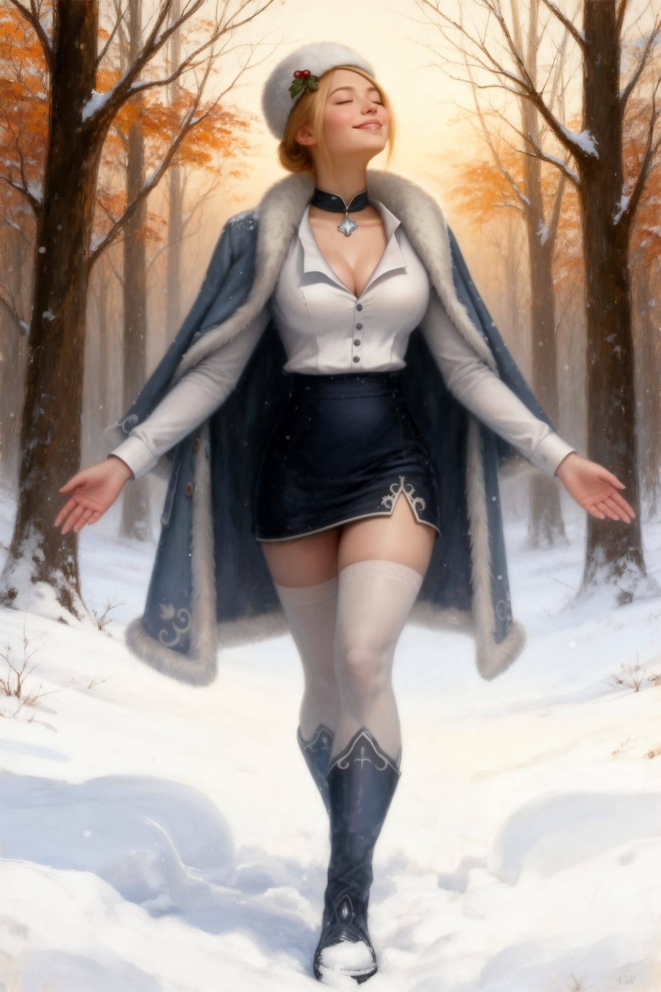 Woman Embraces Winter Forest in Painterly Style
