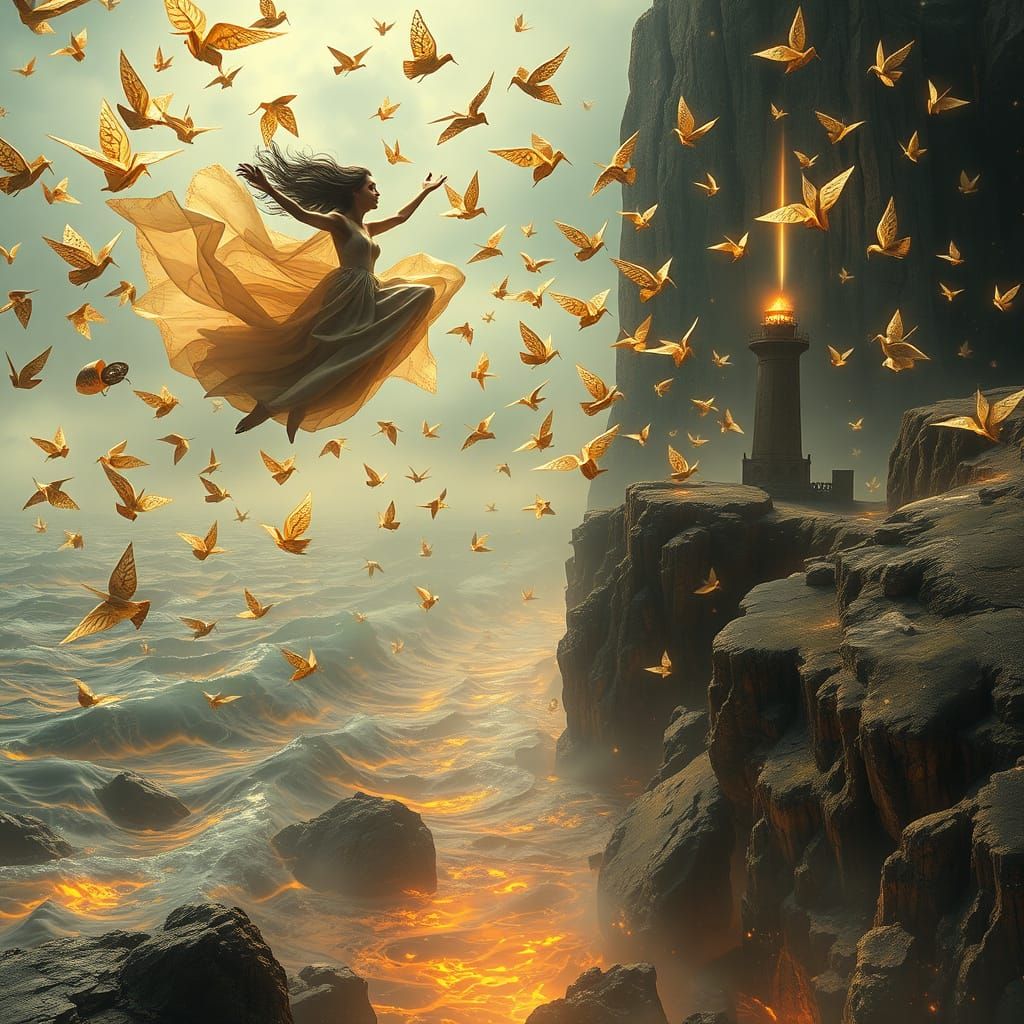 Figure Leaps into Swirling Vortex of Glowing Paper Cranes an...