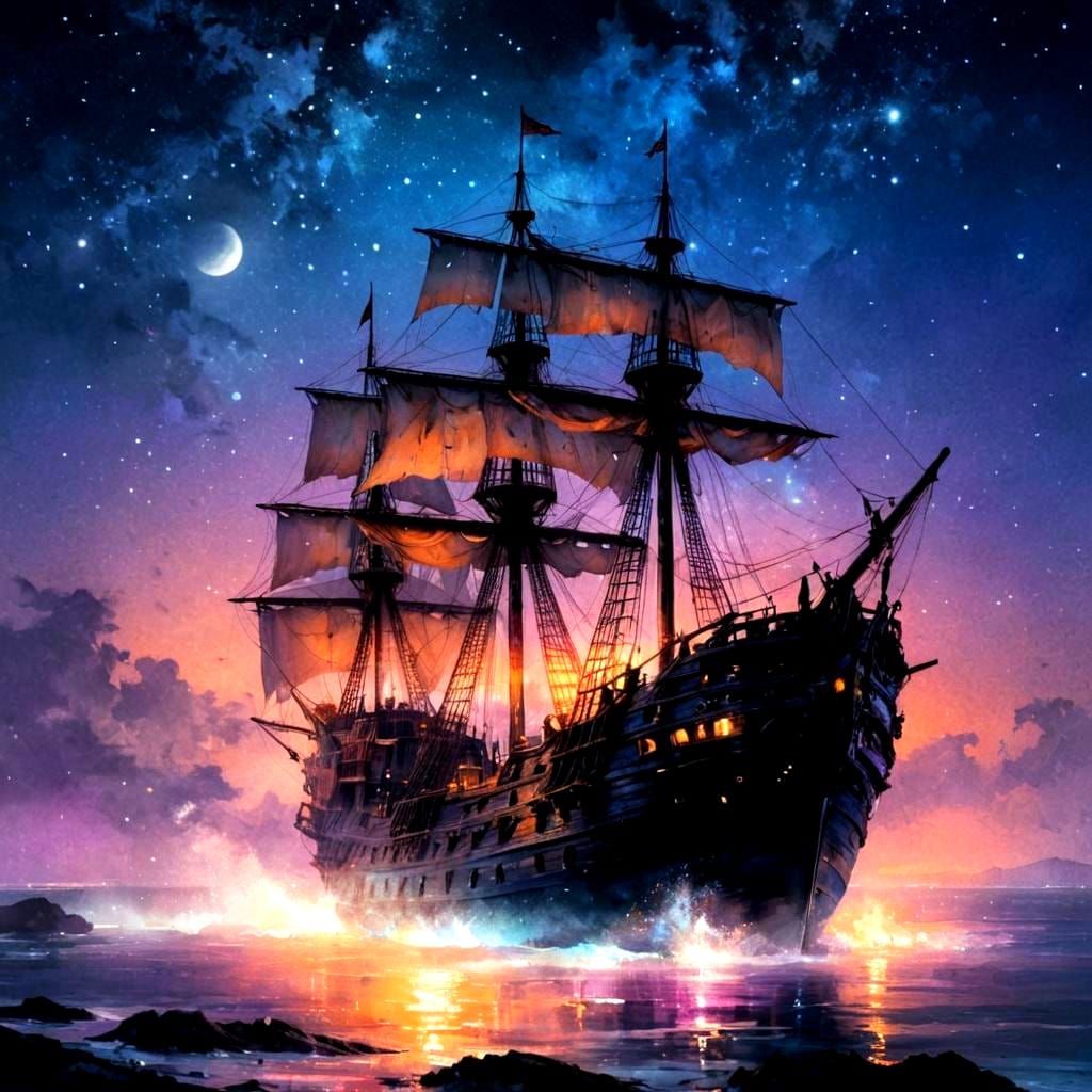 Ghost Pirate Ship on Moonlit Waters as Watercolor