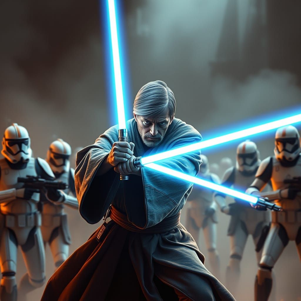 Obi-Wan Kenobi Battles Clone Troopers in Futuristic Style