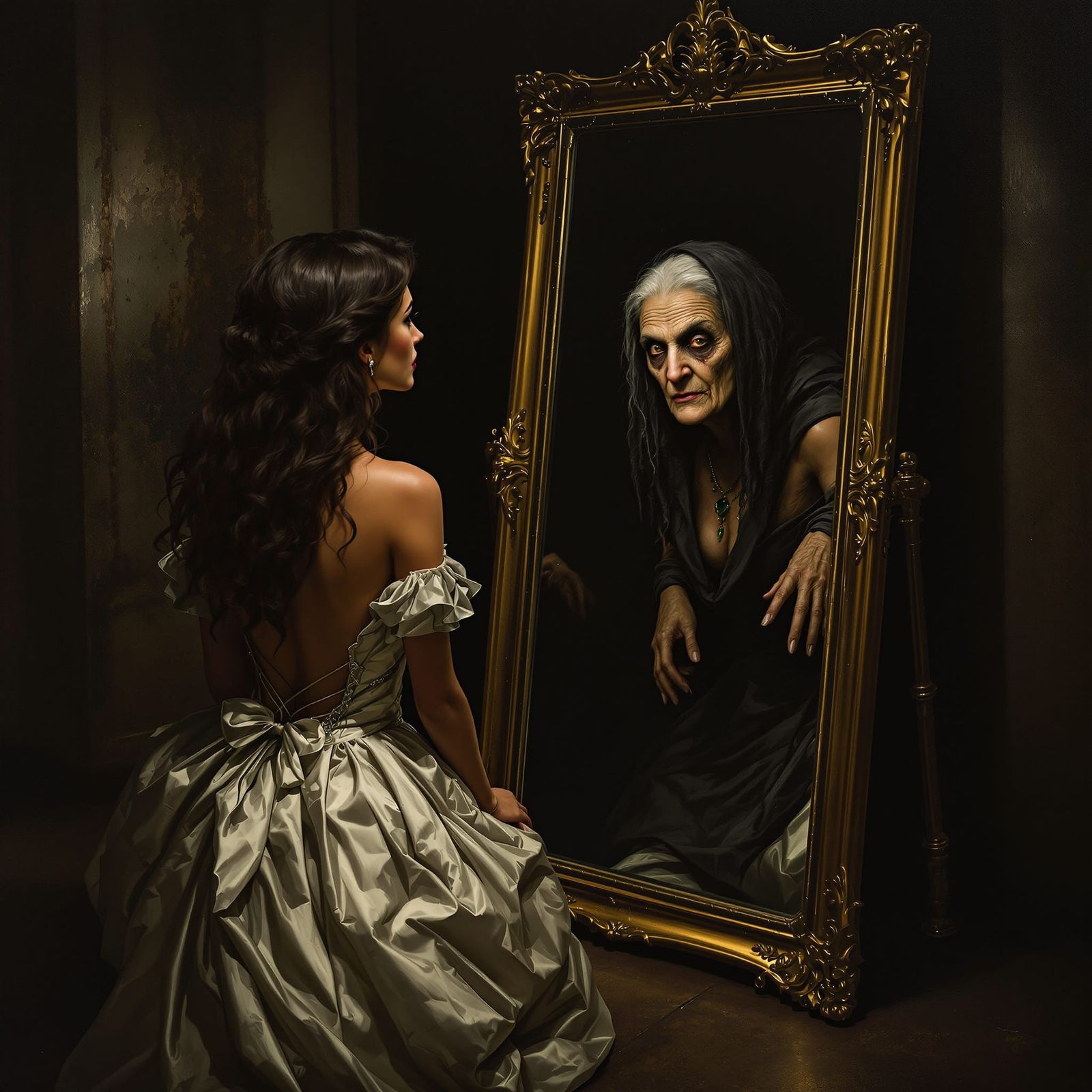 Elegant Woman's Reflection in Mirror as Fairytale Hag