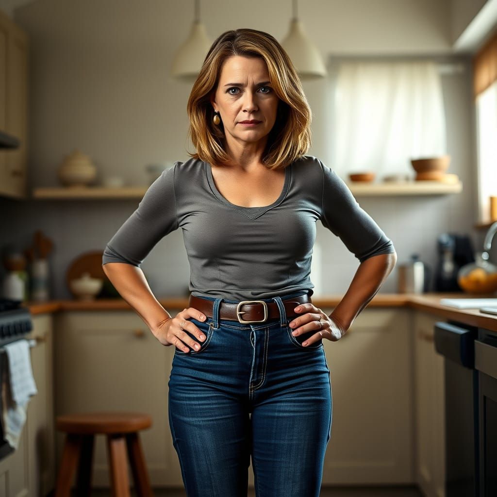 Confident Woman in Kitchen, Photorealistic Portrait