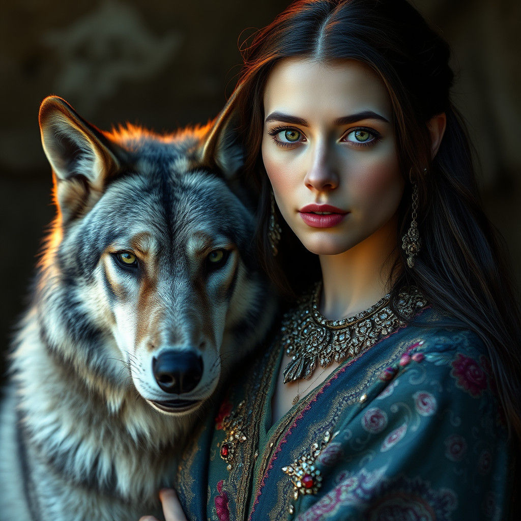 Woman and Wolf Portrait with Gemstone Jewelry