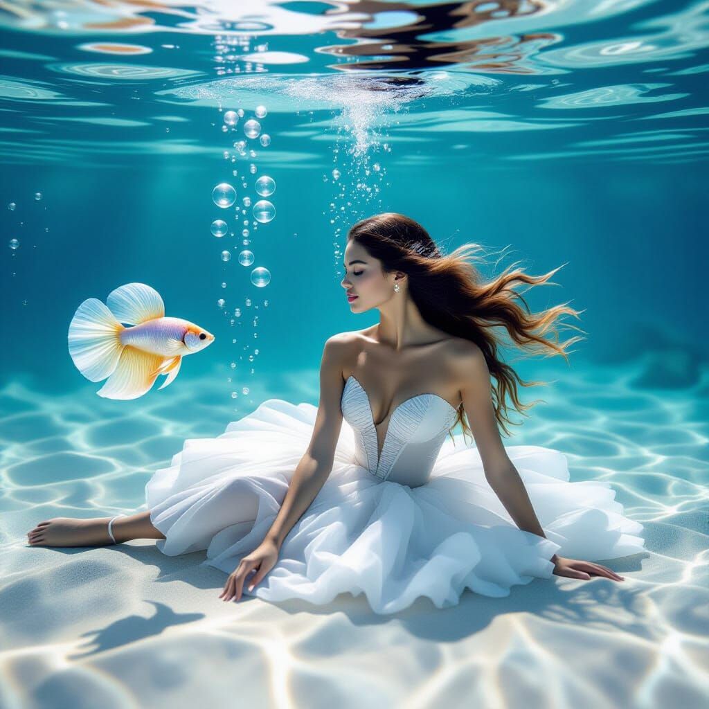 Ballet Dancer Underwater with Betta Fish in Volumetric Light