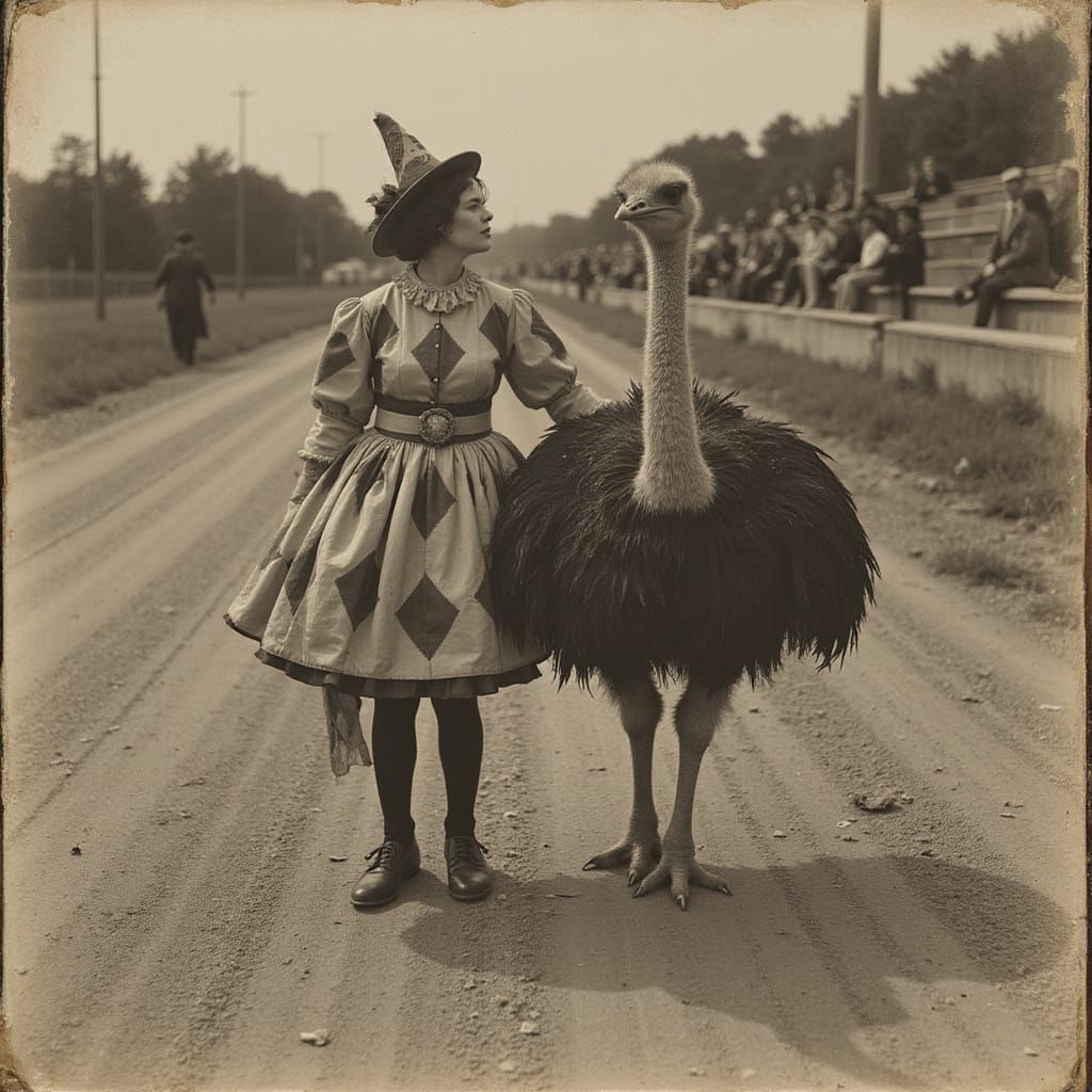 Vintage Gothic Woman Sits with Ostrich in Sepia Decay
