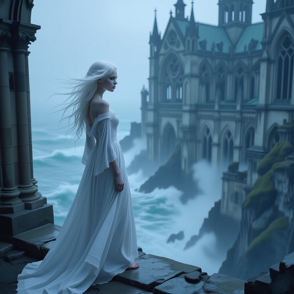 Albino Woman at Gothic Cathedral, Hyperrealistic Art