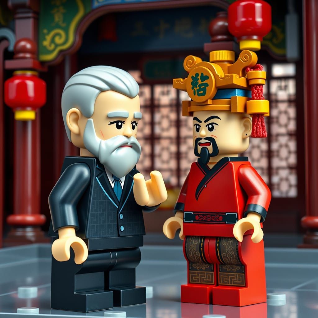 LEGO Minifigs Bowing in Chinese Temple