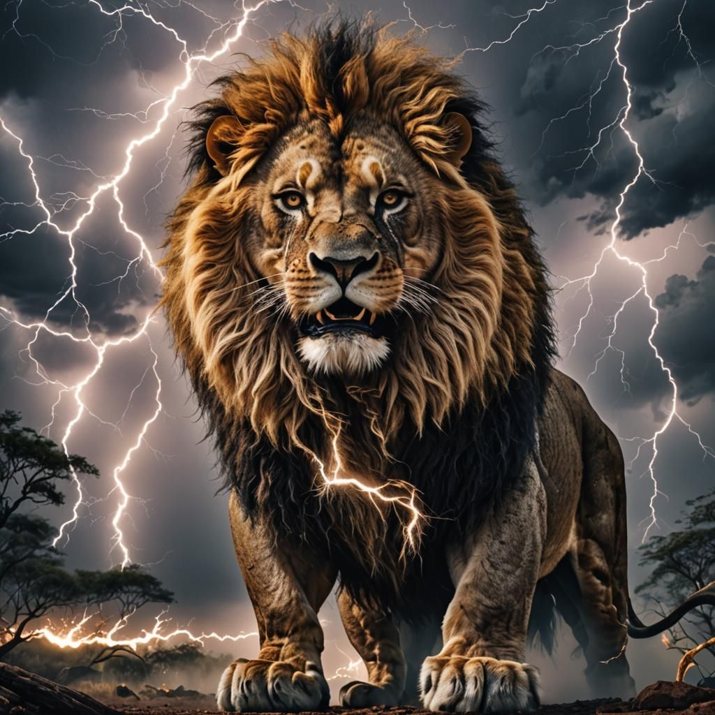 Majestic Lion Surrounded by Giant Lightning