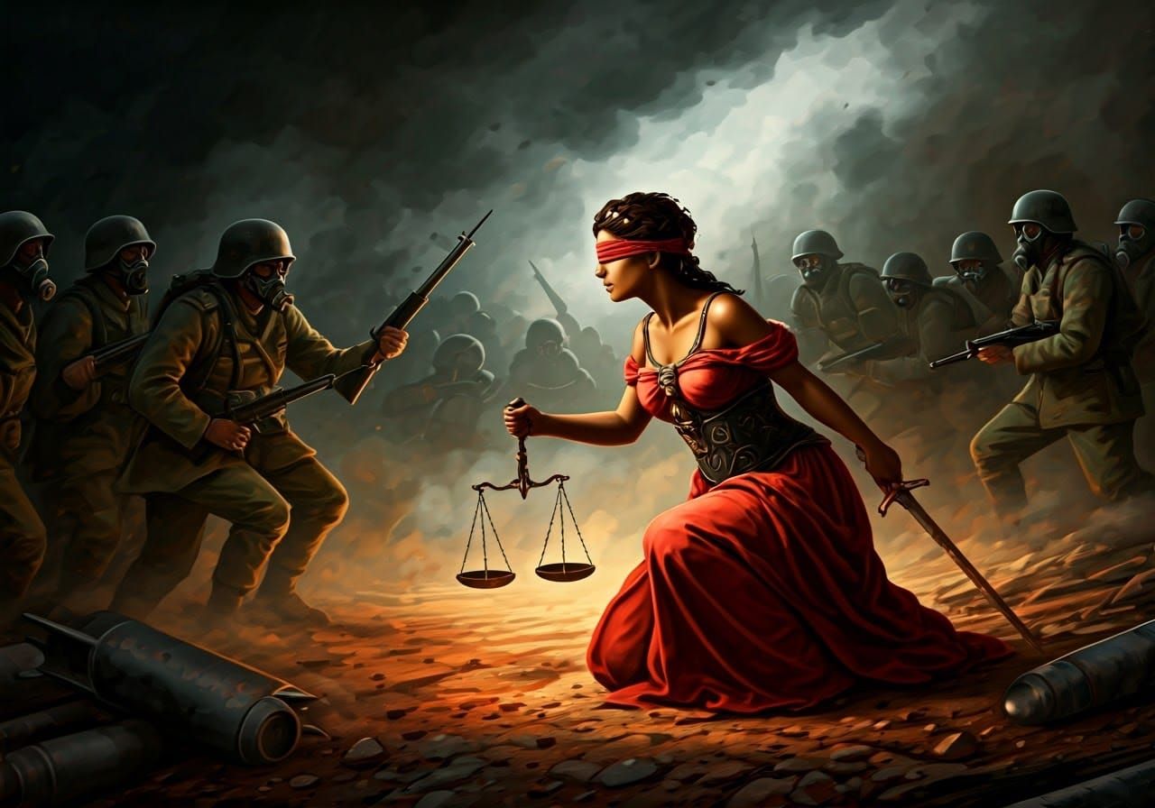 Lady Justice Confronts Soldiers: Dramatic Oil Painting