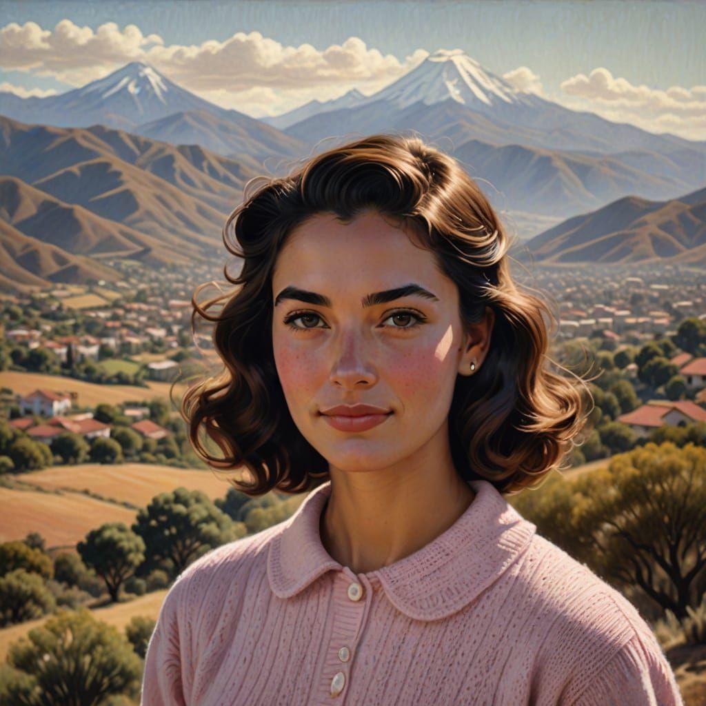 1950s Spanish-Chilean Woman in Pastel Pink Sweater, Flared S...