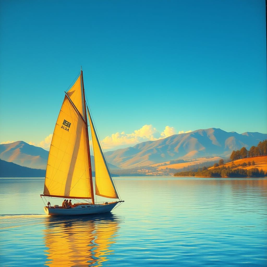 Sailboat on Lake in Golden Hour, Impressionist Style