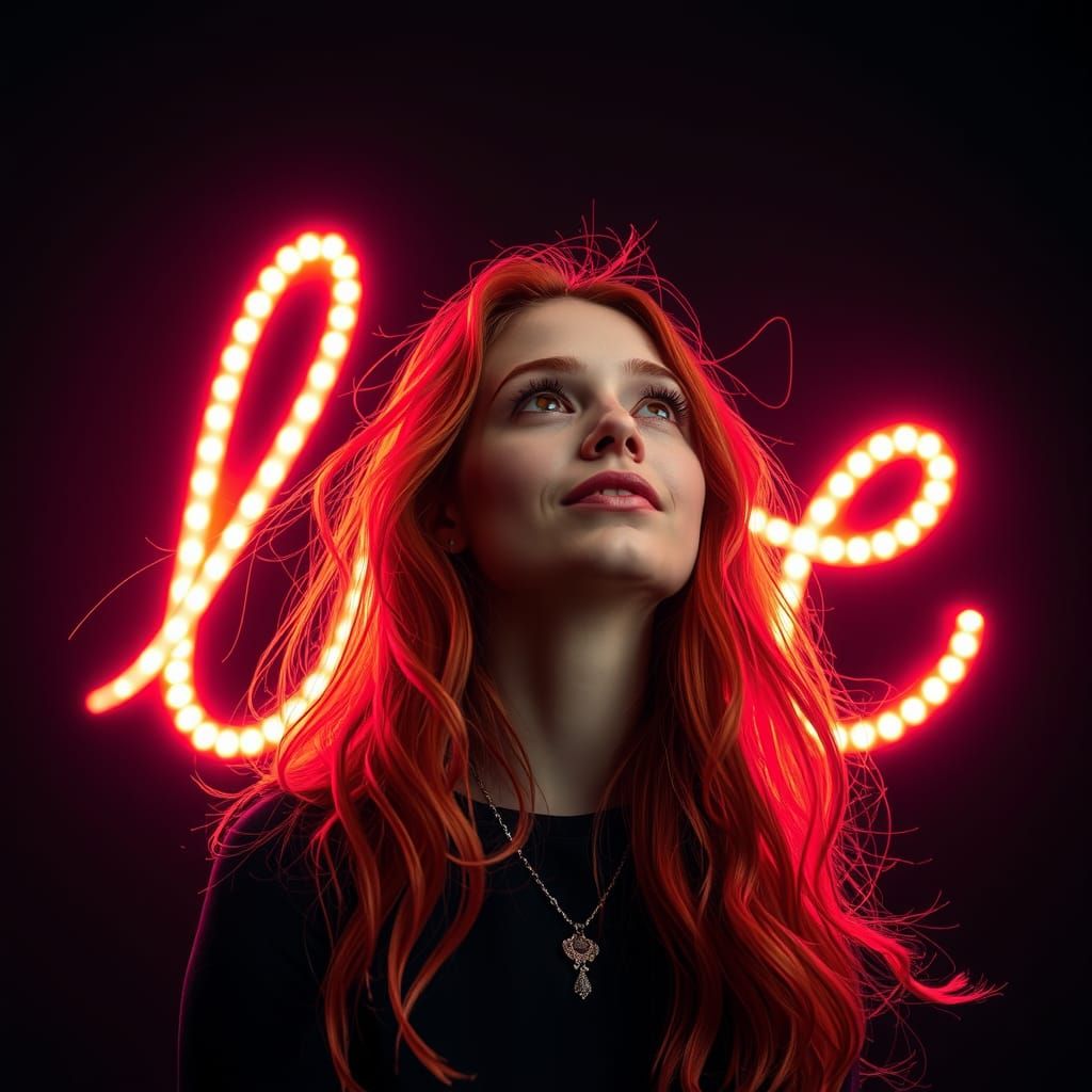 Redhead Gazing at Light Painting in Dreamy Film Still