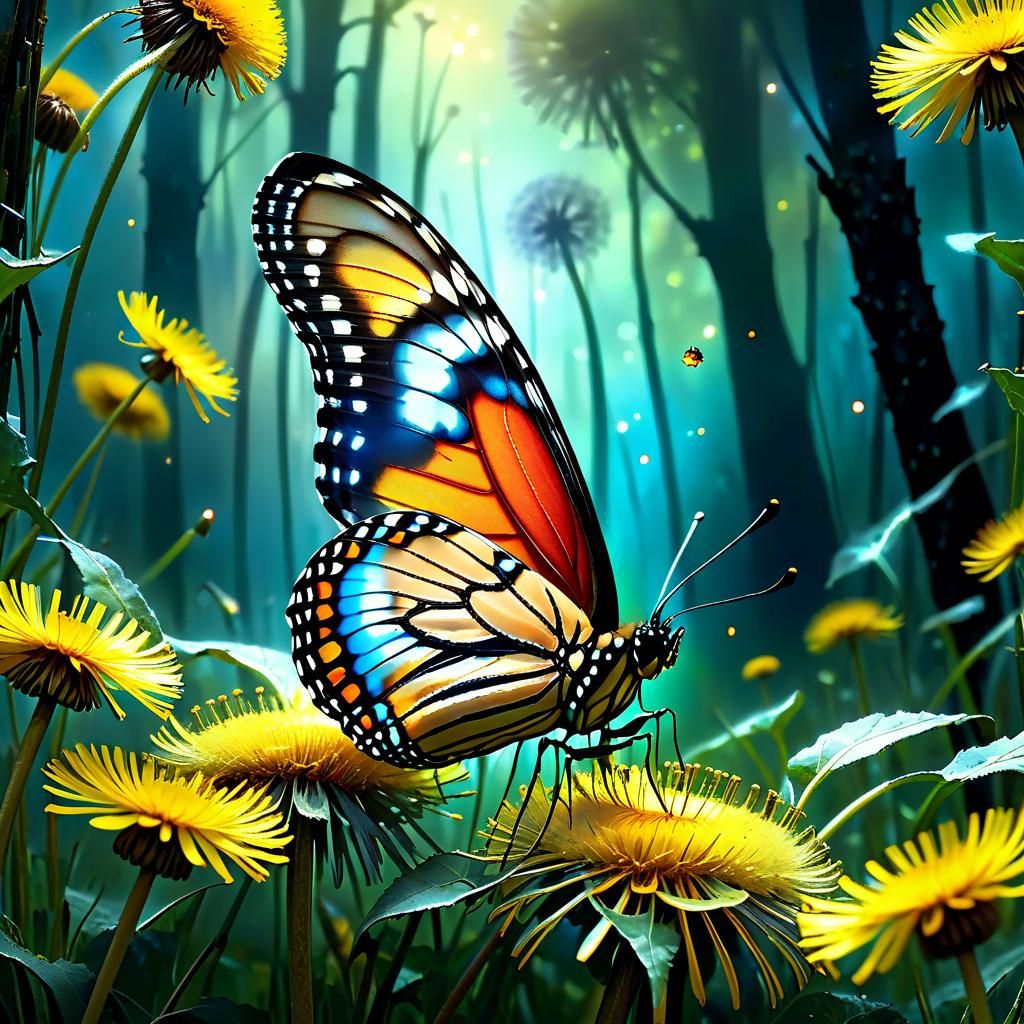 Monarch Butterfly on Dandelion in Dark Fantasy Style