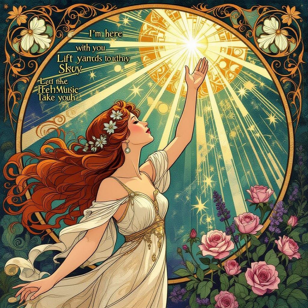 Art Nouveau Woman Reaches for Sky Amidst Music and Light