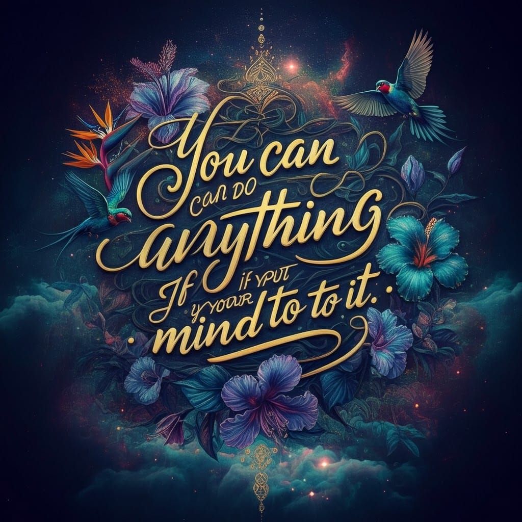 Calligraphy with Tropical Flowers and Birds in Astral Light