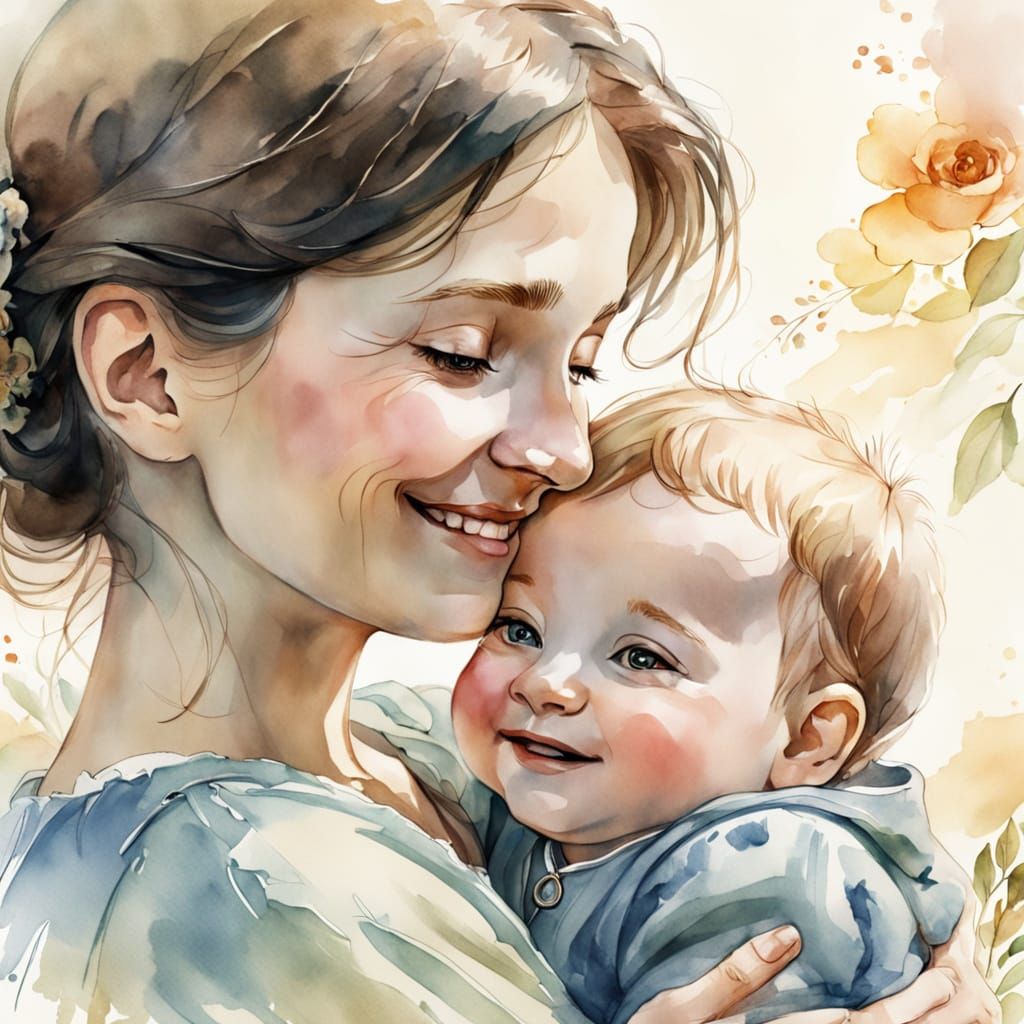 Watercolor Portrait of Mother and Baby in a Whimsical Floral...
