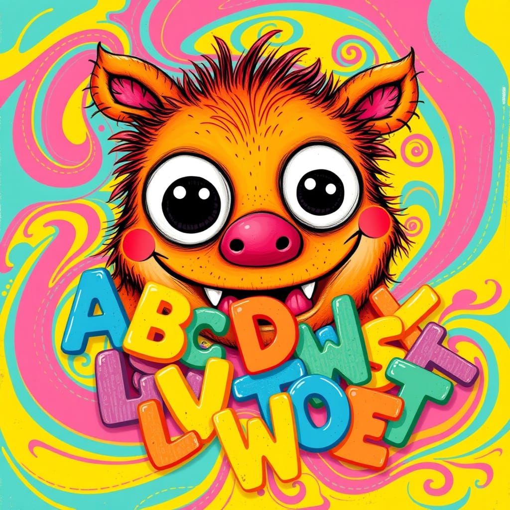 Vibrant Creature Devours Alphabet Letters in Whimsical Child...