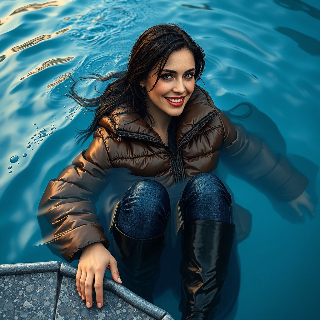 Brunette Swimmer in Puffer Jacket, Photorealistic