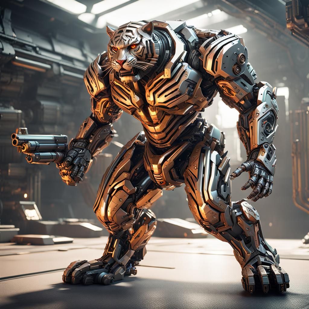 Muscled Android Tiger with Gun in Sci-Fi Style