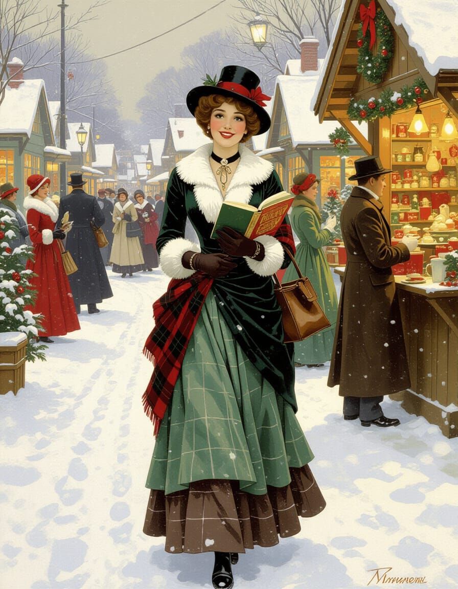 Victorian Woman in Joyful Christmas Market