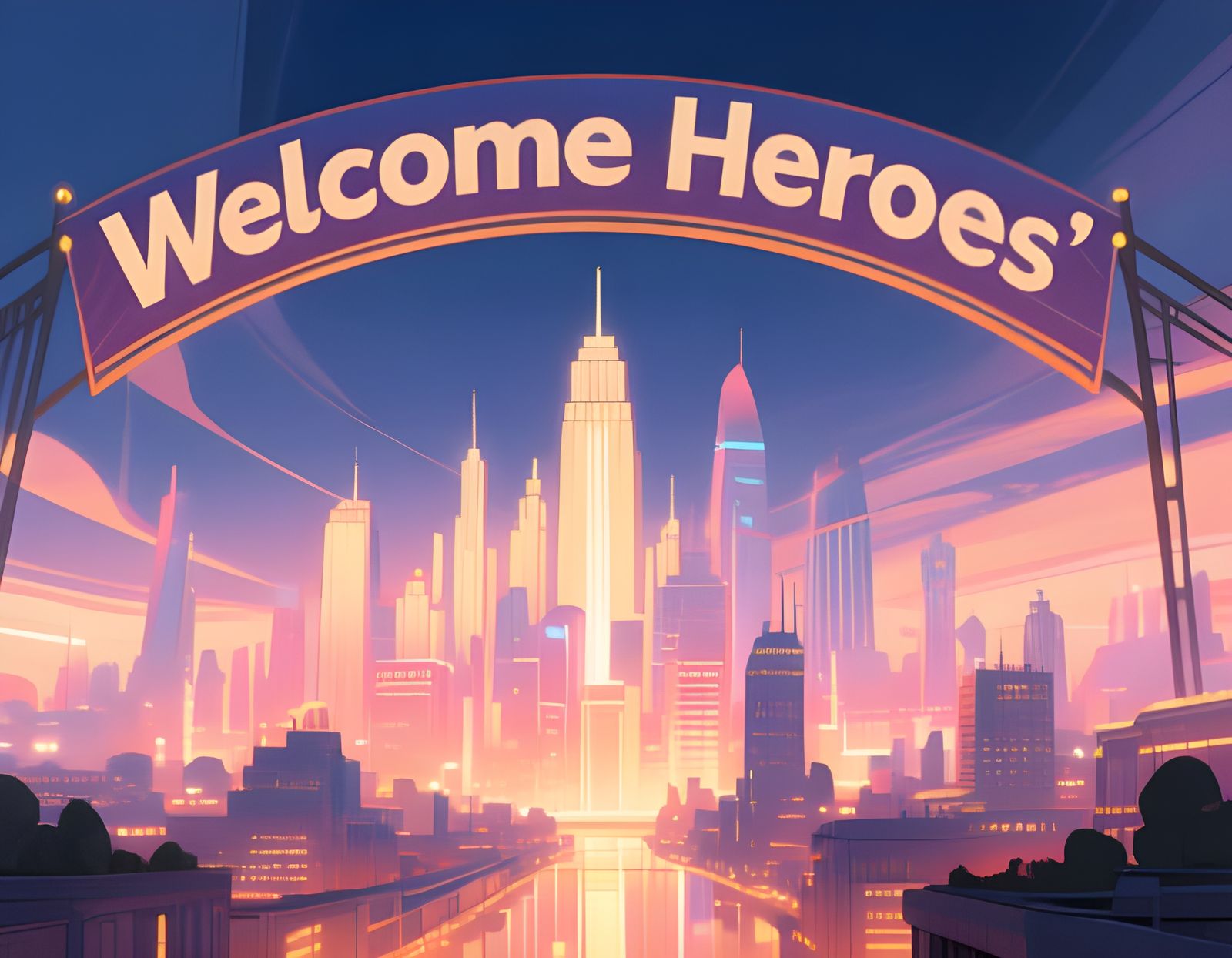 Welcome Heroes Banner Above Beautiful Metropolis Skyline