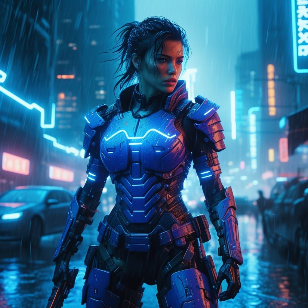 Cyberpunk Warrior Fighting in Rainy City