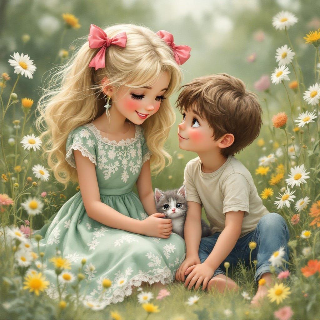 Blonde Girl in a Vibrant Floral Yard with a Boy and a Grey K...