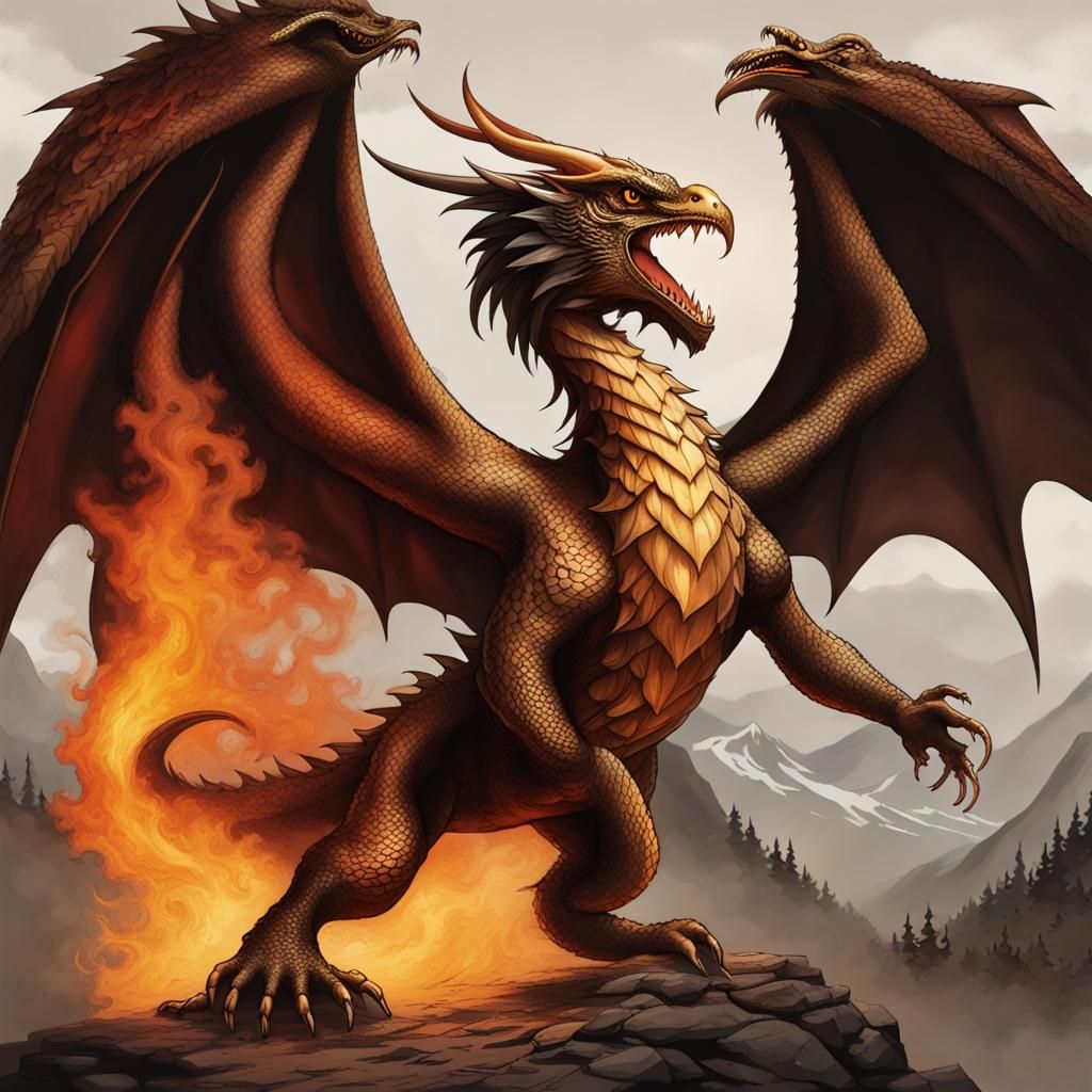 Roaring Dragon with Eagle Amidst Flames