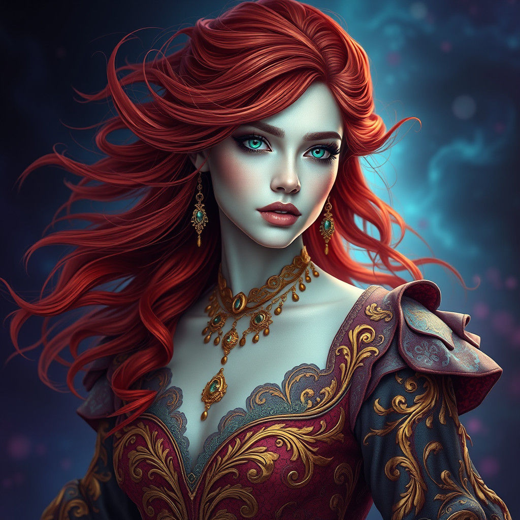Fiery Redhead in Ornate Gown, Cinematic Matte Painting