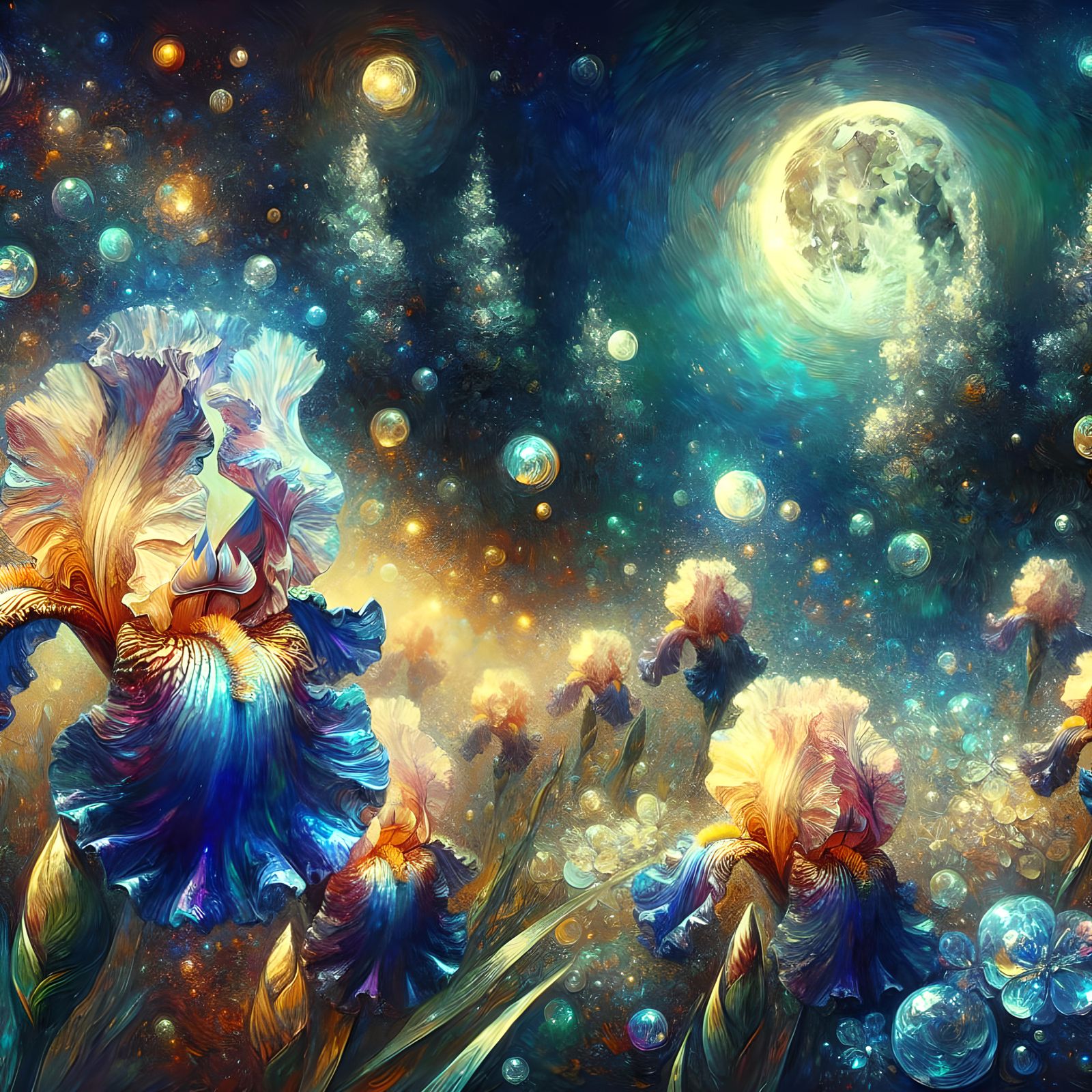 Crystal Iris Glittering Under Moonlight in Romantic Style