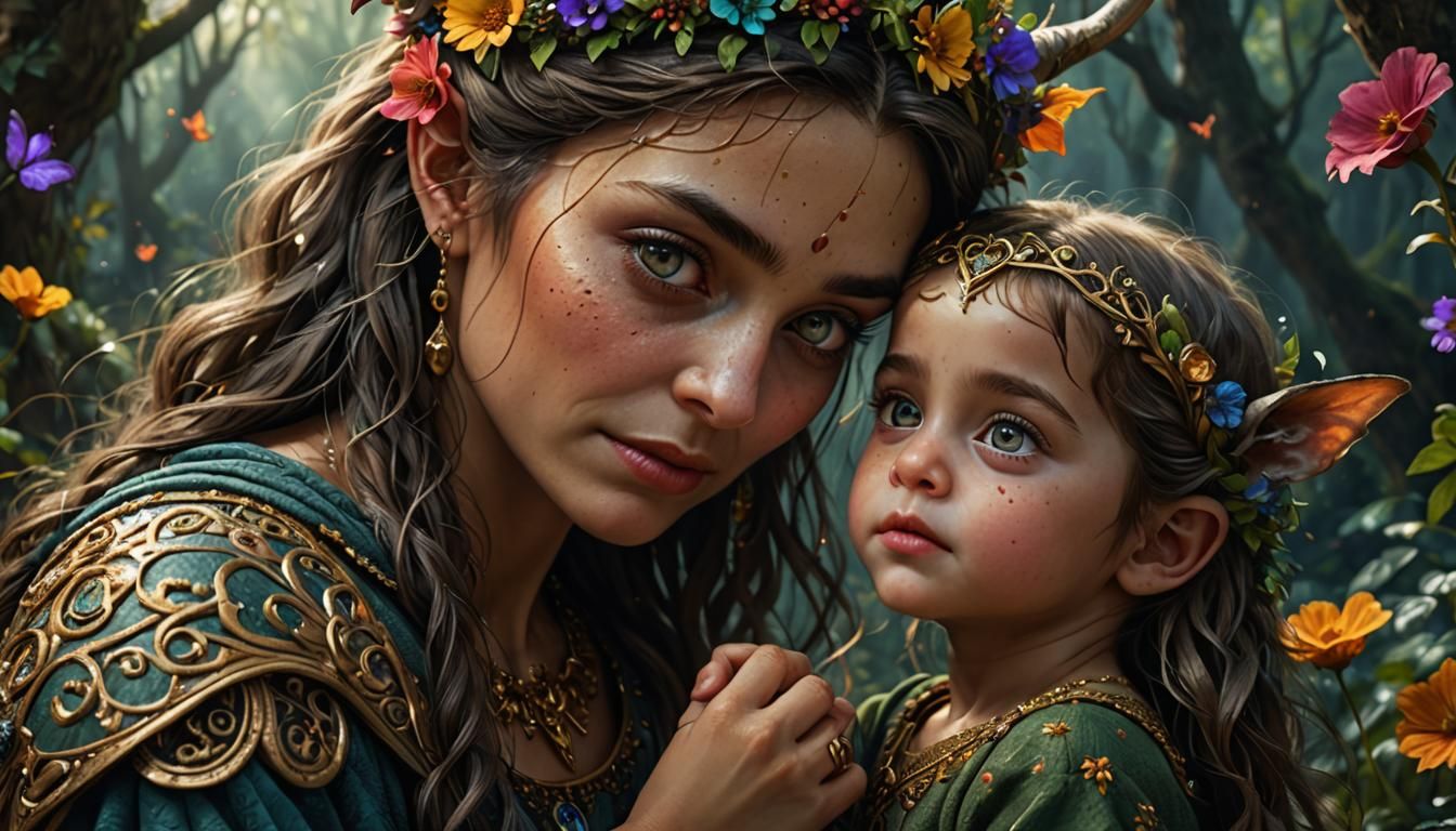 Loving Elf Mother and Baby in Hyperrealistic Style