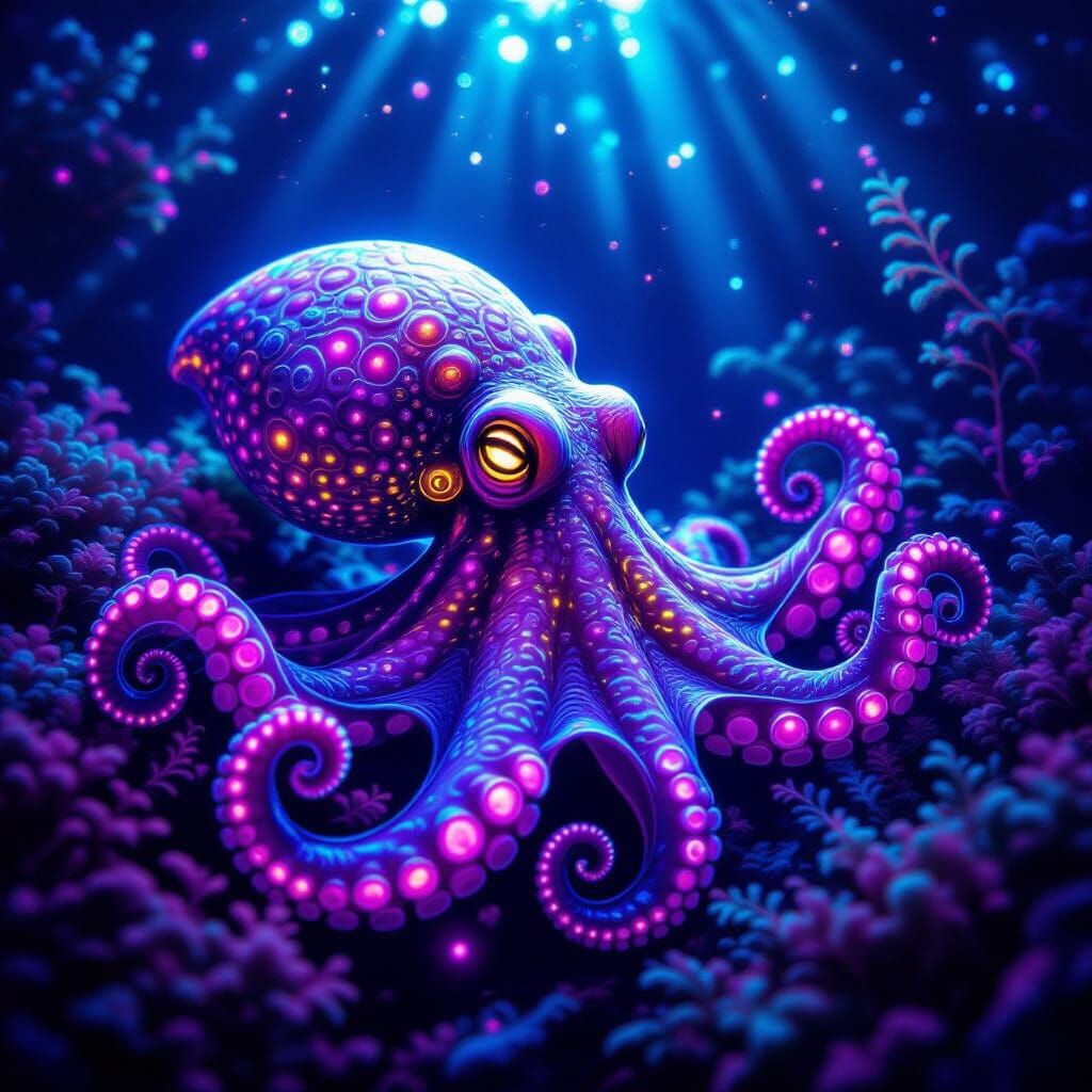 Bioluminescent Octopus Among Glowing Algae