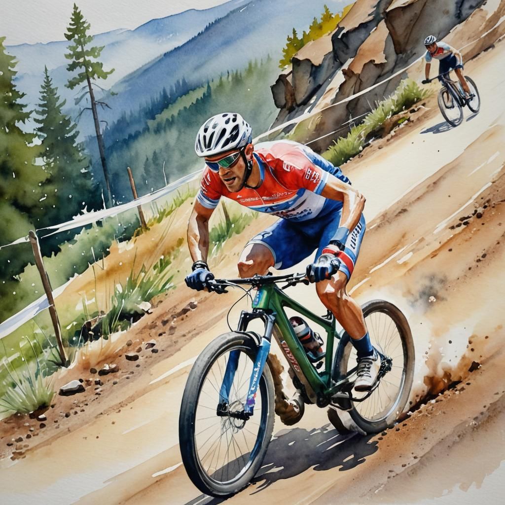 Kinetic Watercolor Cyclist Downhill Race