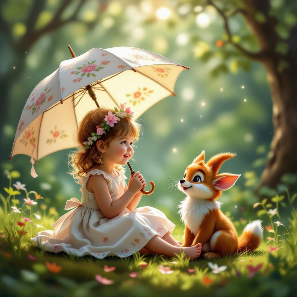 Fairy and Goblin Under Floral Parasol in Soft Light