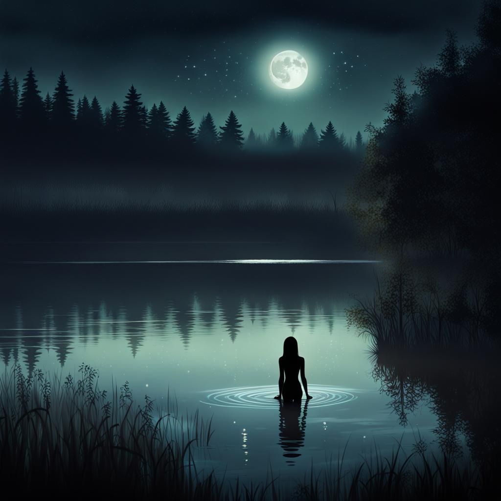 Moonlit Lake Bathing Scene in Gothic Horror Style