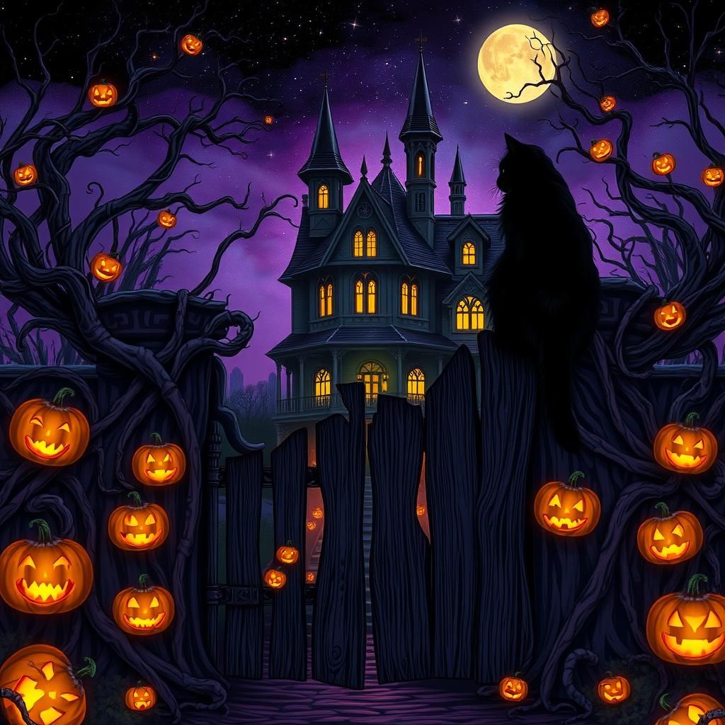 Mystical Black Cat and Witch House: Dark Fantasy Art