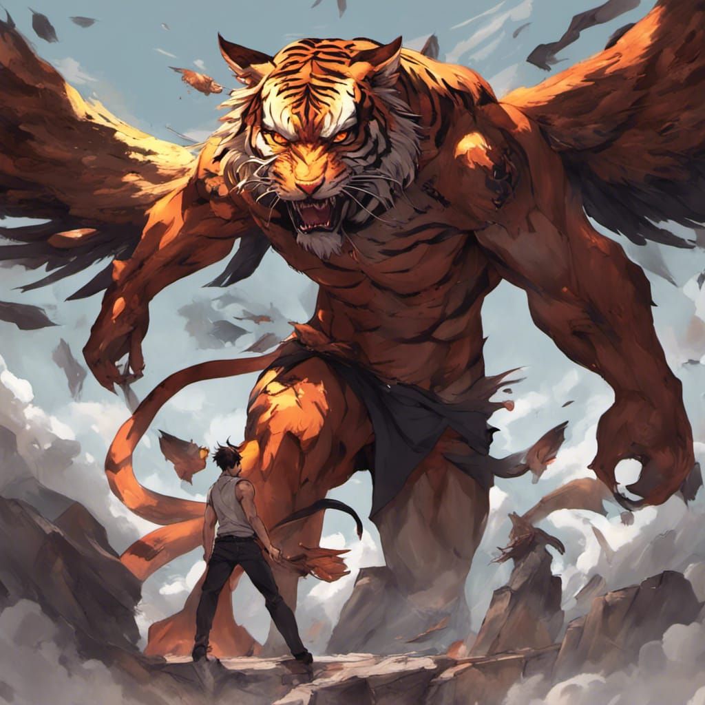 Tiger-Headed Man with Demon Wings in Anime Style