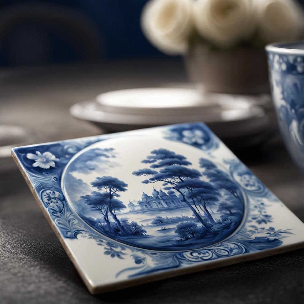 Detailed Blue Drawings on a Delftware Tile