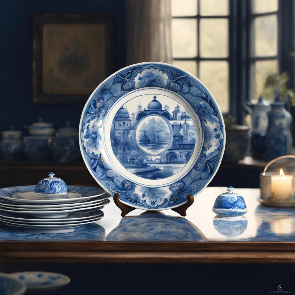 Intricate Delftware Tile with Blue Drawings