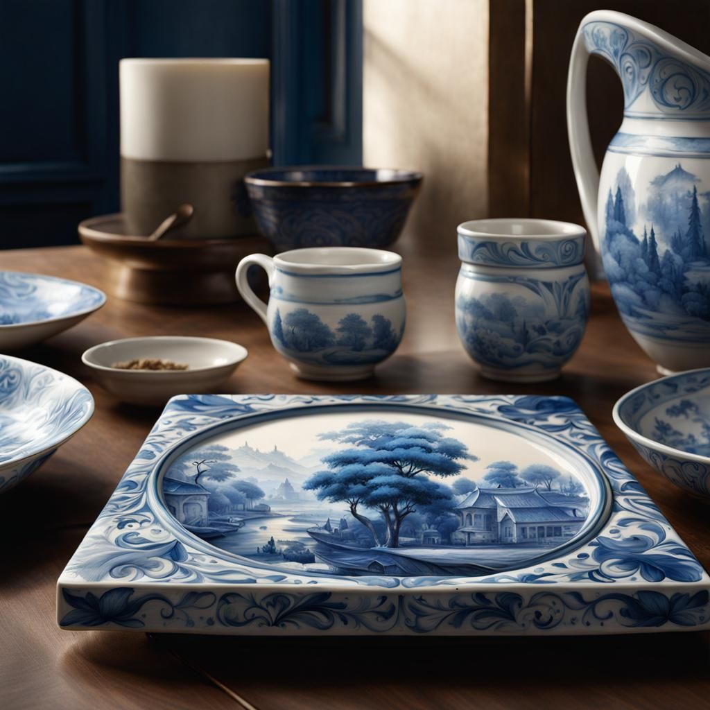 Intricate Blue Delftware Tile with Dramatic Lighting