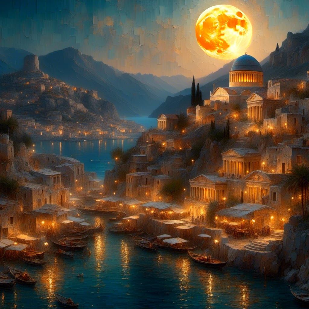 Moonlit Greek Cityscape in Golden Light