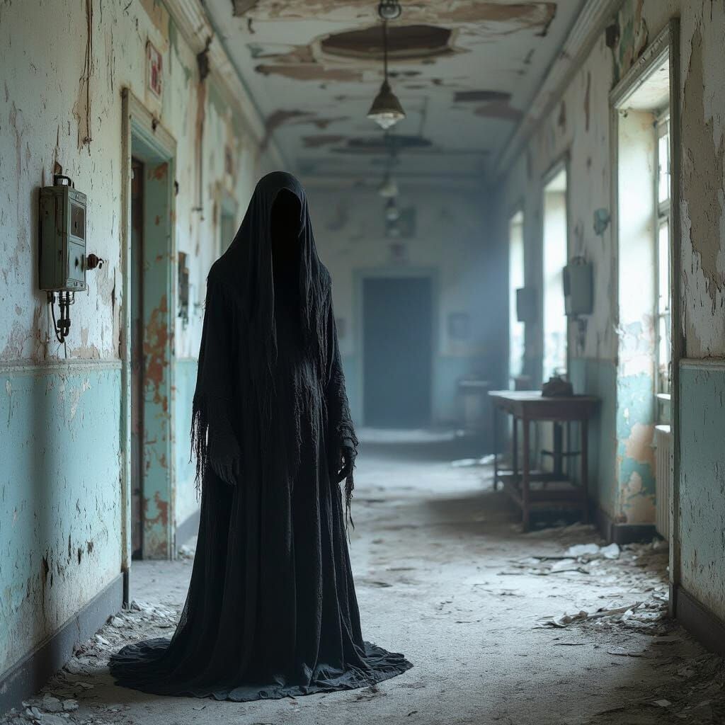 Ghostly Figure in Dilapidated Asylum in Biomechanical Style
